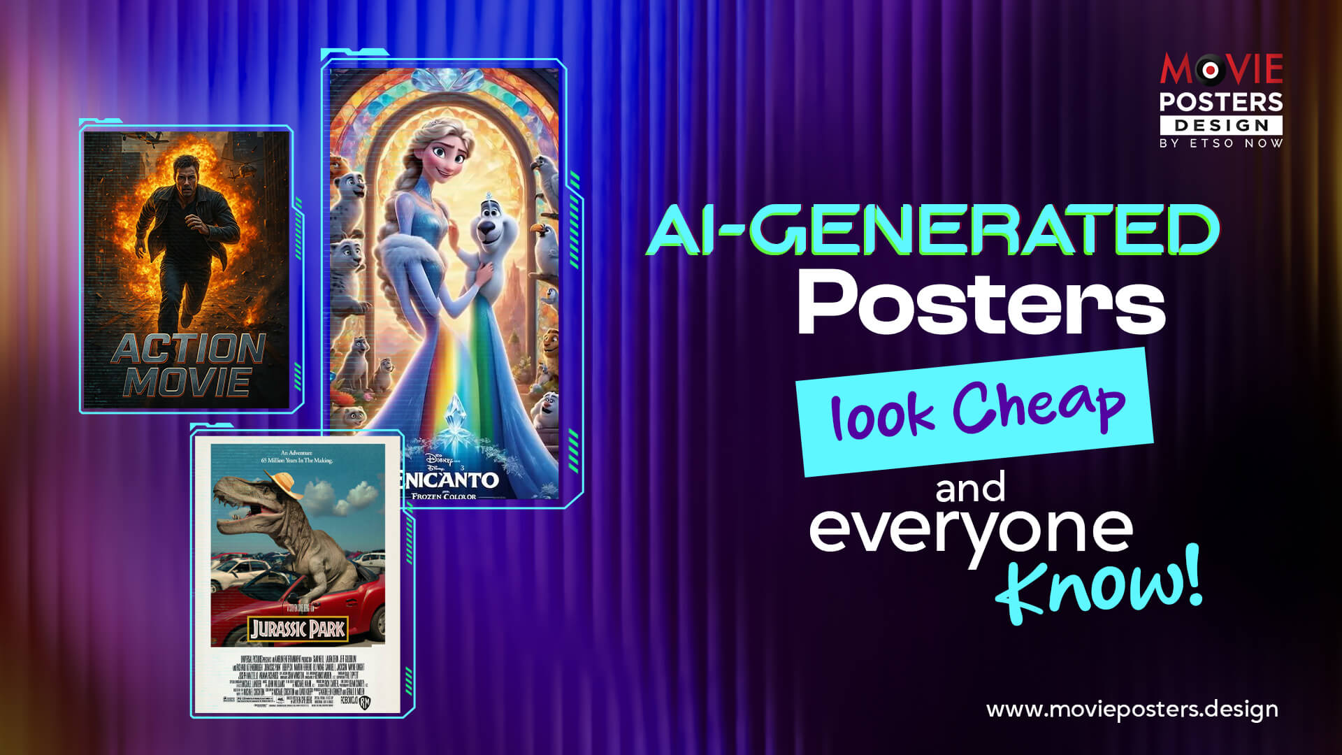 Comparison of AI-generated vs human-made movie poster design showing common distributor flaws.