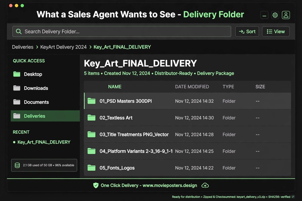 Organized key art delivery folder structure showing what a sales agent wants to see - 5 folders including layered PSD masters 300 DPI, textless art, title treatments PNG and vector, platform variants, and fonts logos